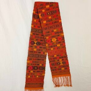 Hand Loomed Weaving Long Scarf Saffron Orange All Silk Fringe 65 X 16 Made India